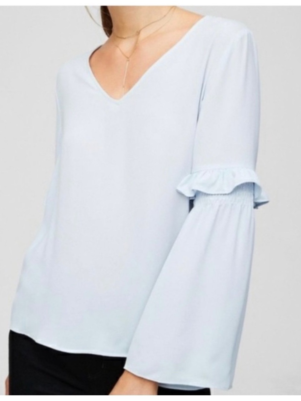 LOFT Light Blue V-Neck Ruffle Bell Sleeve Women's Top